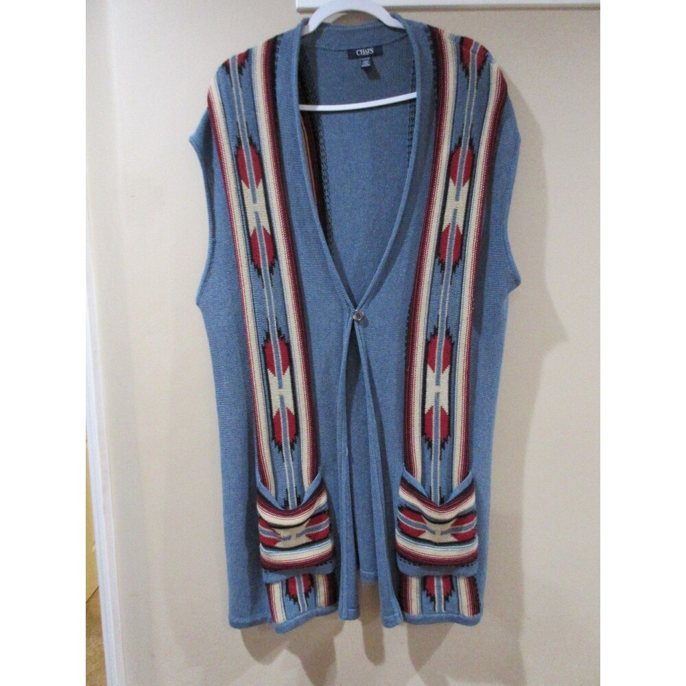 Chaps Open Cardigan Womens 1X Blue Knit Santa Fe Print